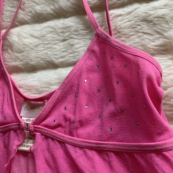 Silk&Satin pink sheer sparkling crystals open front chemise babydoll cami S - Picture 2 of 13